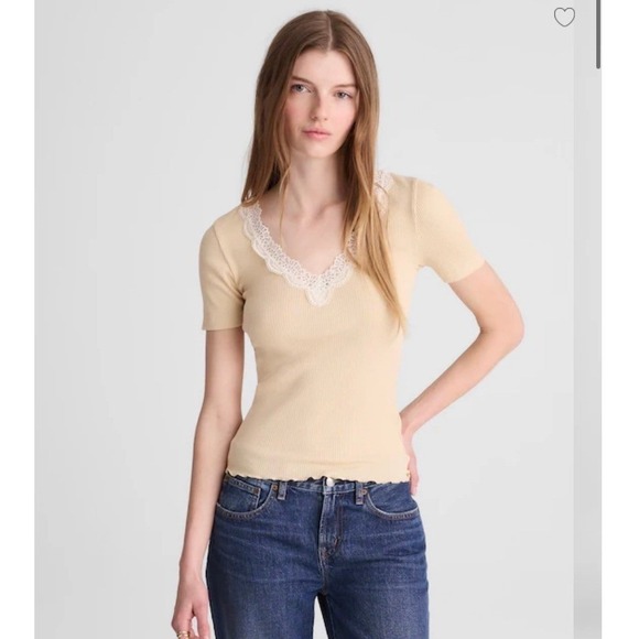 Madewell Tops - Madewell Shirt Womens XL Lace Trim Ribbed V Neck Short Sleeve Top Beige NY958